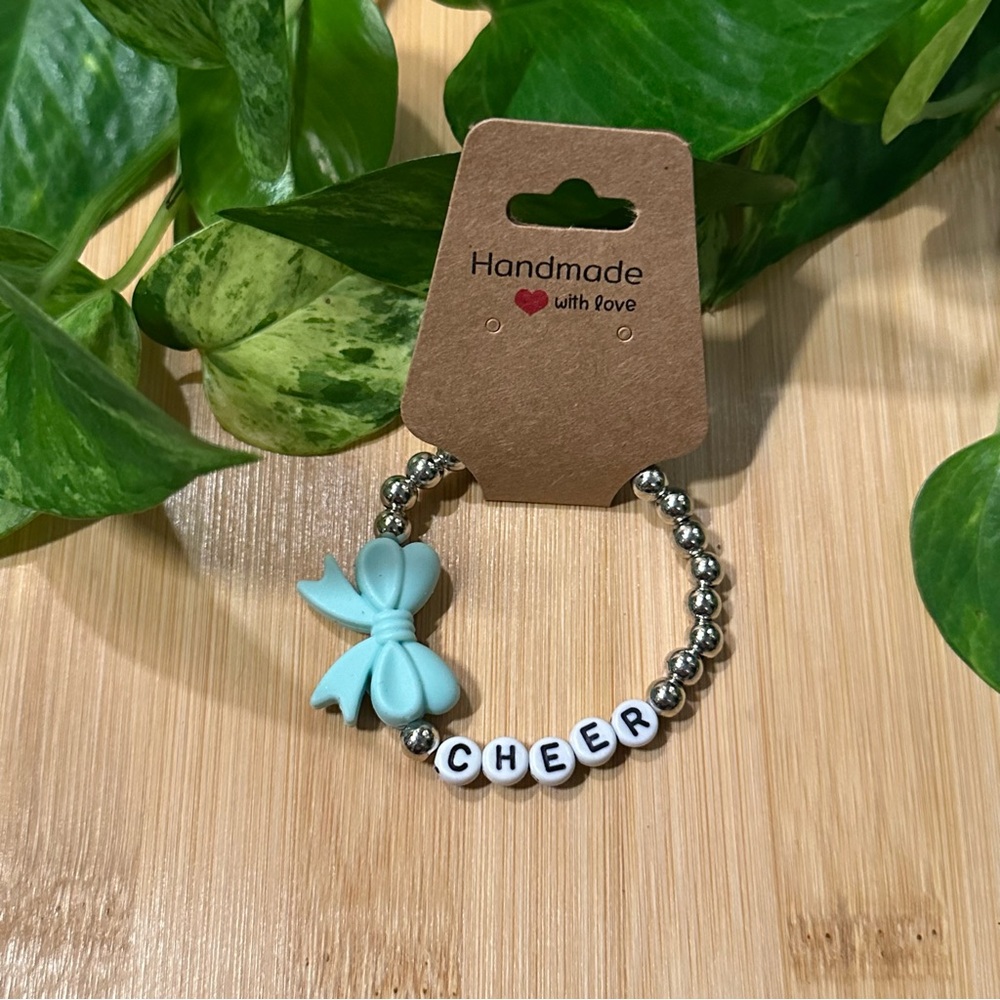 Silver Kids’ Stretchy Beaded Cheer Bracelet | Handmade | Silicone Bow 📣✨